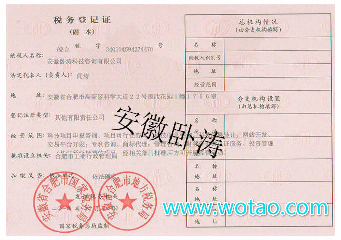 安徽臥濤稅務登記證